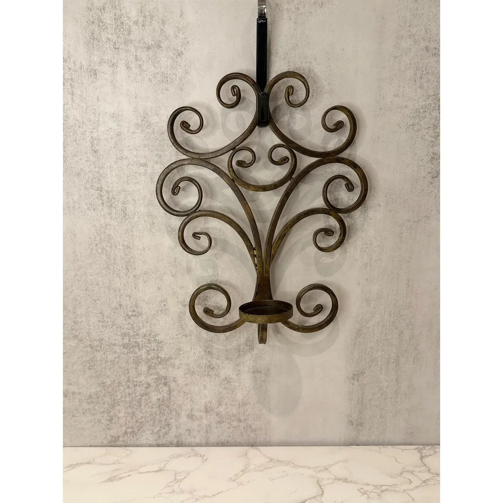 Wrought Iron Scroll Wall Sconce Candle Holder Distressed Bronze Metal Decor